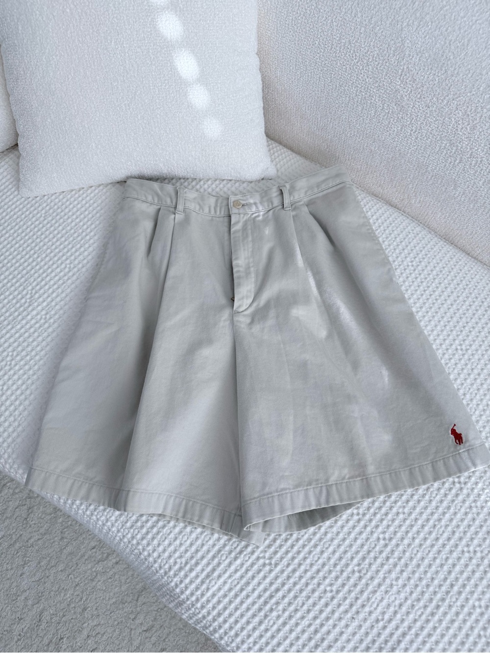 Ralph Lauren Khaki Pleated High-Waist Shorts with Red Polo Emblem